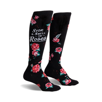 stop & smell the roses roses themed womens black novelty knee high 0