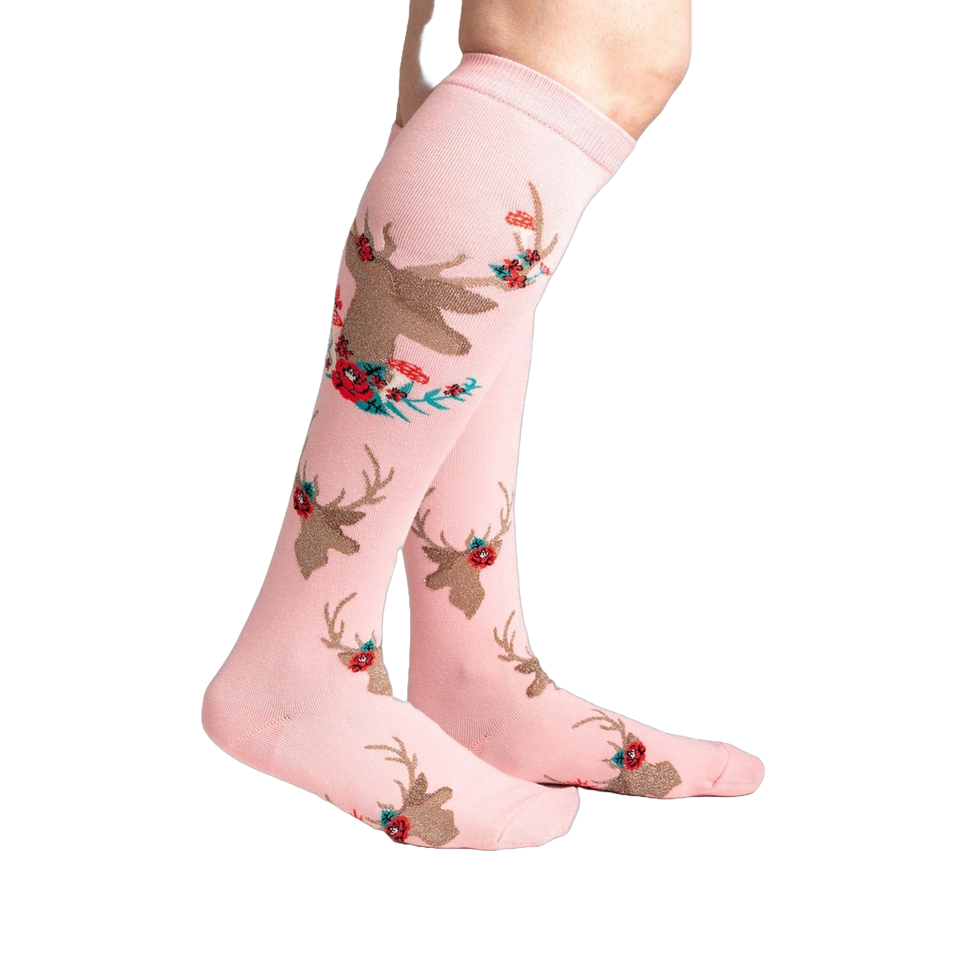 Lifestyle shot showcasing 'Fawn'd of You' knee-high socks on a model's legs, highlighting the sock's fit and pattern.