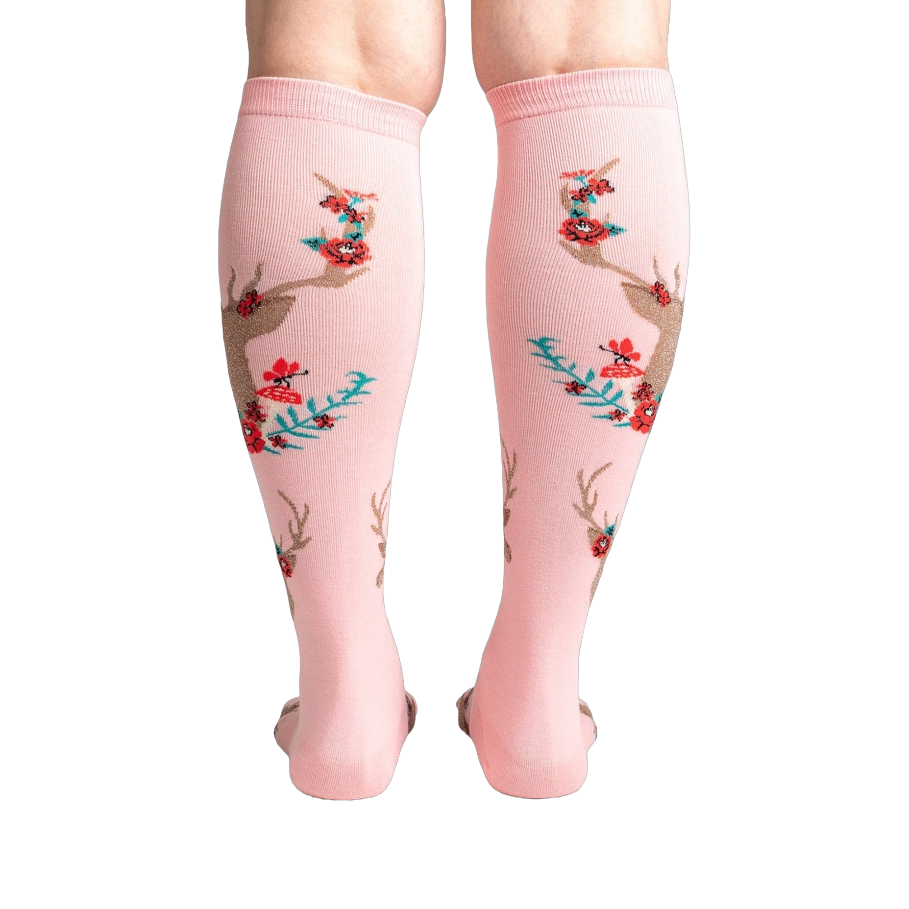 Back view of 'Fawn'd of You' knee-high socks, showing the full floral and deer design on a pink background.