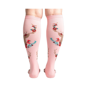 Back view of 'Fawn'd of You' knee-high socks, showing the full floral and deer design on a pink background.