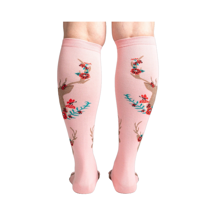 Back view of 'Fawn'd of You' knee-high socks, showing the full floral and deer design on a pink background.