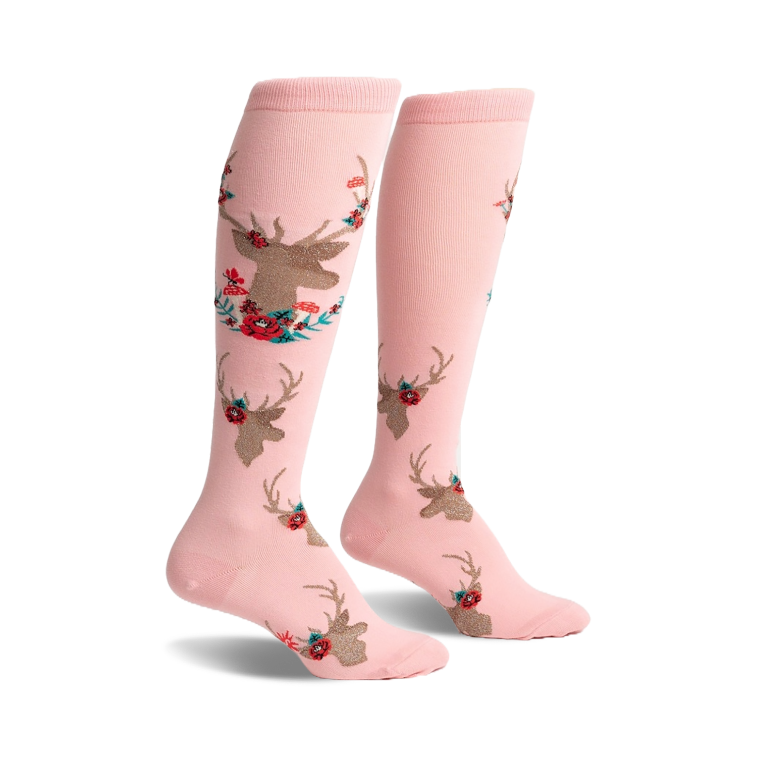 Pair of pink knee-high socks featuring a repeating pattern of gold deer heads accented with red and teal flowers.