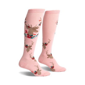 knee-high pink socks for women featuring a pattern of deer with floral wreaths around their antlers.  