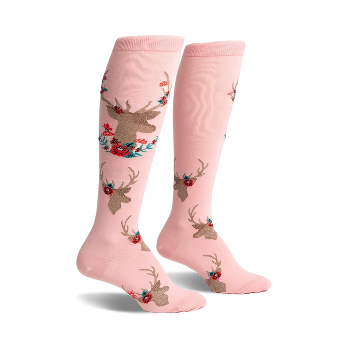 knee-high pink socks for women featuring a pattern of deer with floral wreaths around their antlers.  