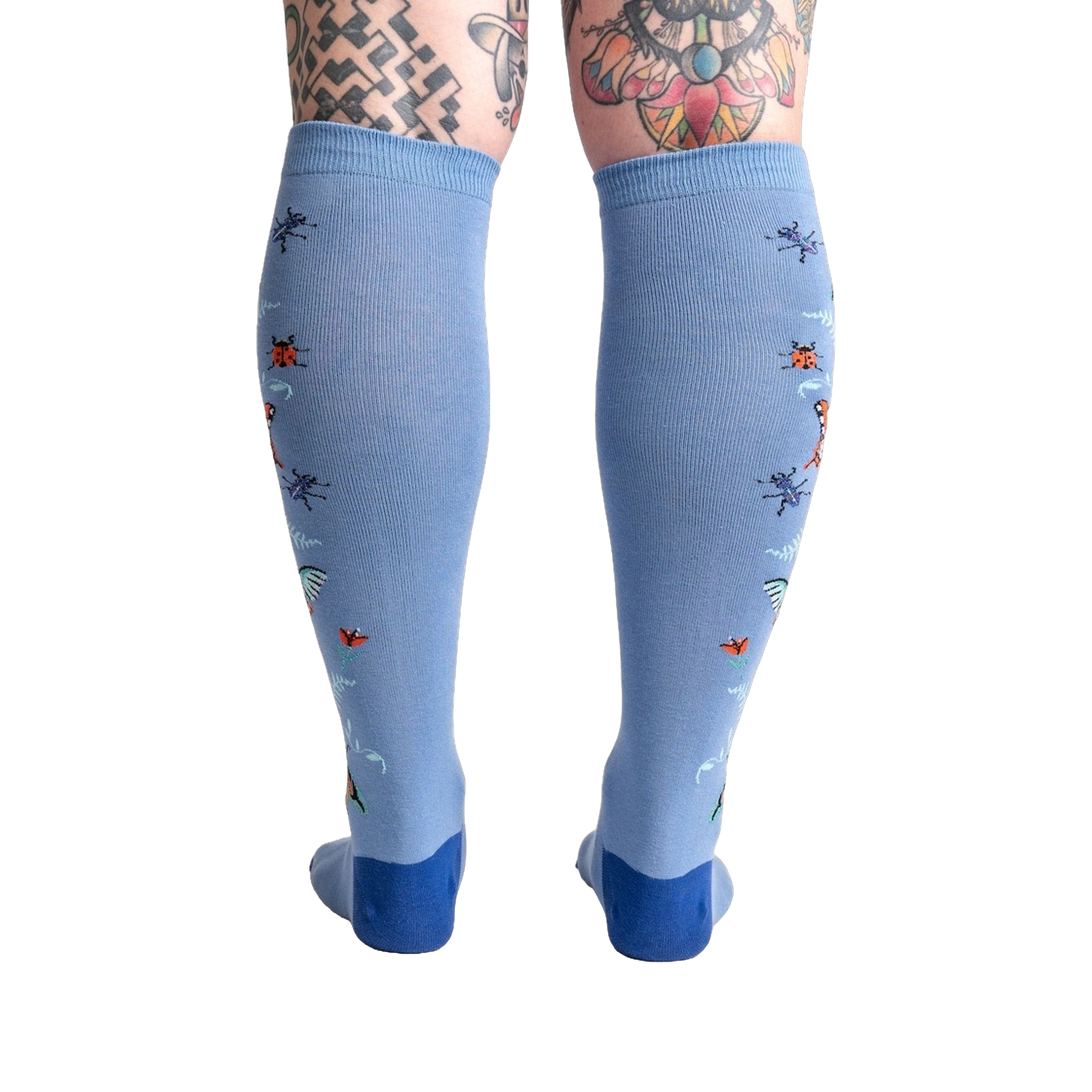 Back view of the light blue knee-high socks showcasing the full design featuring butterflies and ladybugs.