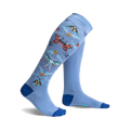 A pair of light blue knee-high socks adorned with colorful butterflies, ladybugs, and floral accents. 