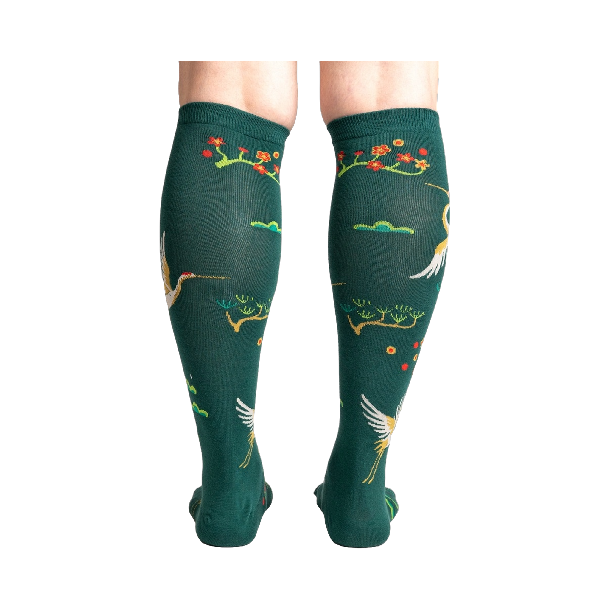 Rear view of the Flying Cranes knee-high socks, highlighting the back design details.