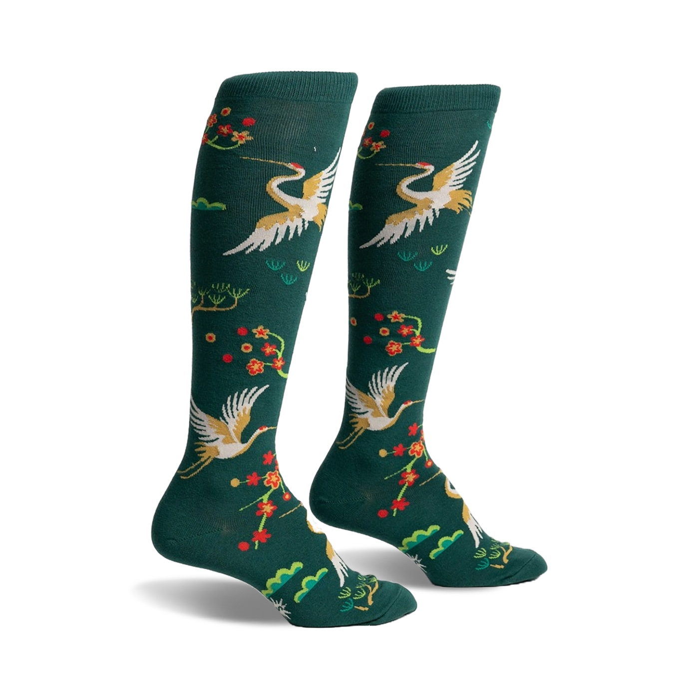 Pair of women's knee-high socks in hunter green. Features gold cranes, red blossoms, and green foliage.