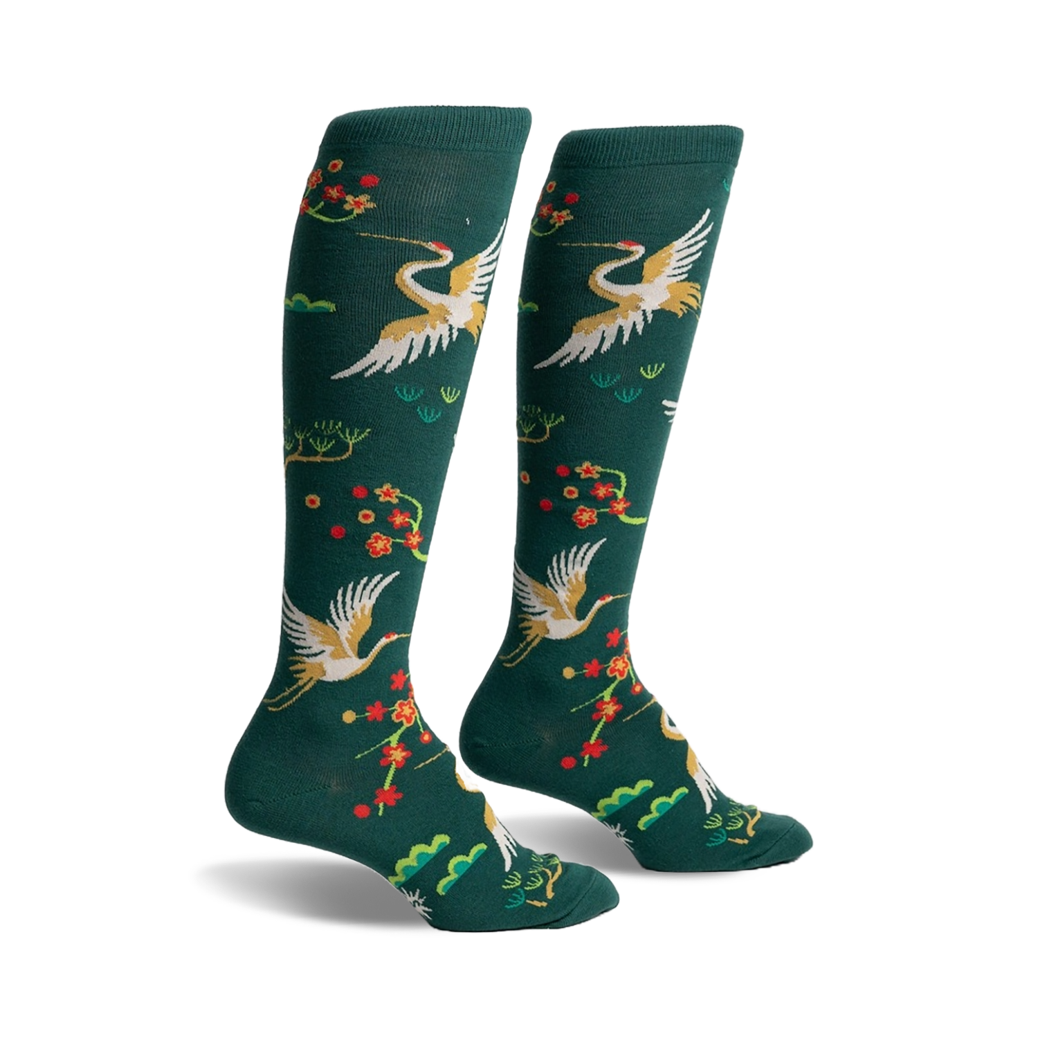 Pair of women's knee-high socks in hunter green. Features gold cranes, red blossoms, and green foliage.