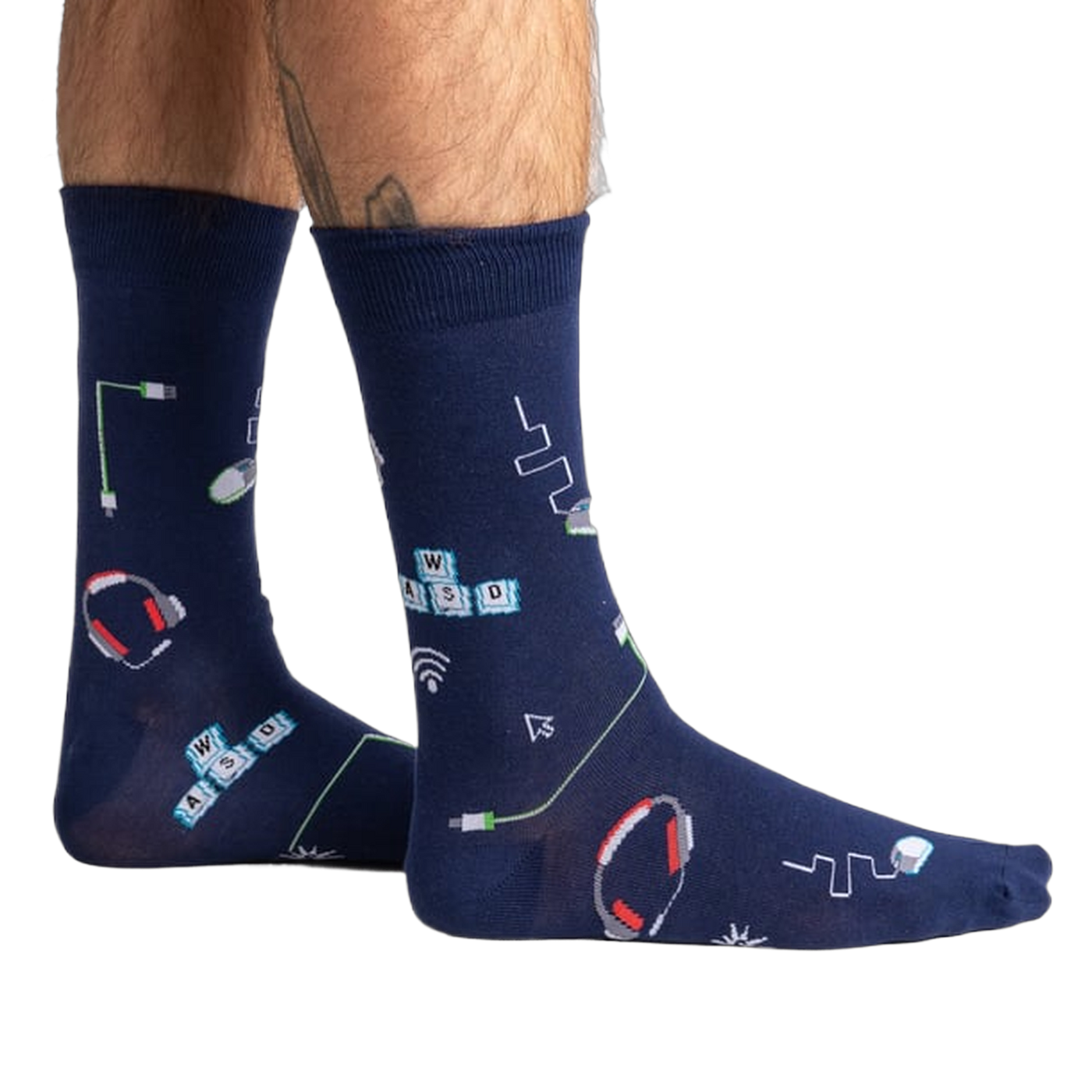 Lifestyle shot showing the socks on a person's legs, showcasing the fit and design.