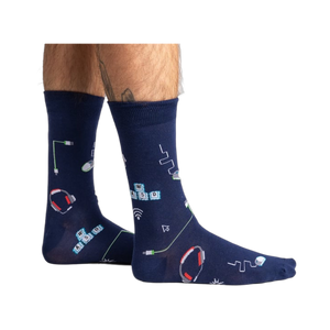 Lifestyle shot showing the socks on a person's legs, showcasing the fit and design.