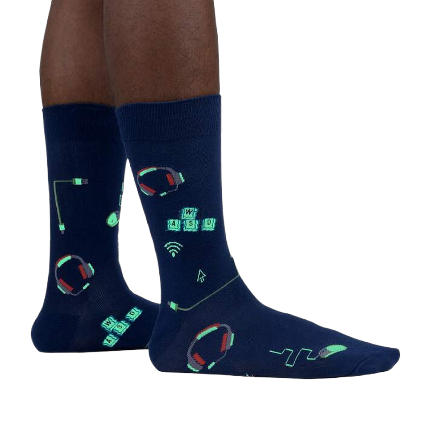 Lifestyle shot of the socks glowing in the dark, highlighting the luminescent design elements.