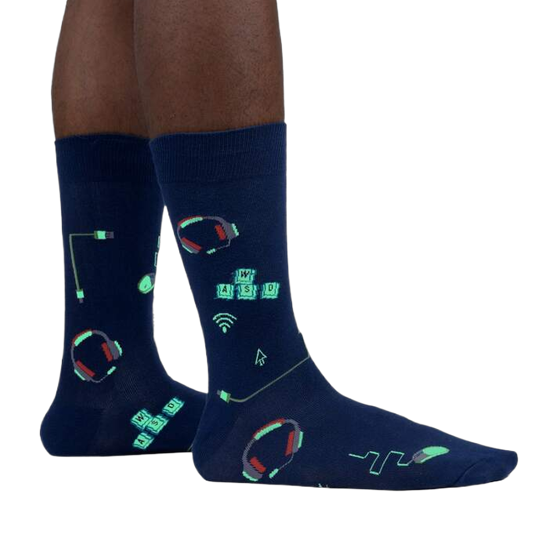 Lifestyle shot of the socks glowing in the dark, highlighting the luminescent design elements.