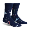 Pair of navy blue crew socks with a fun pixelated design featuring keyboards, mice, headphones, and connection cables.