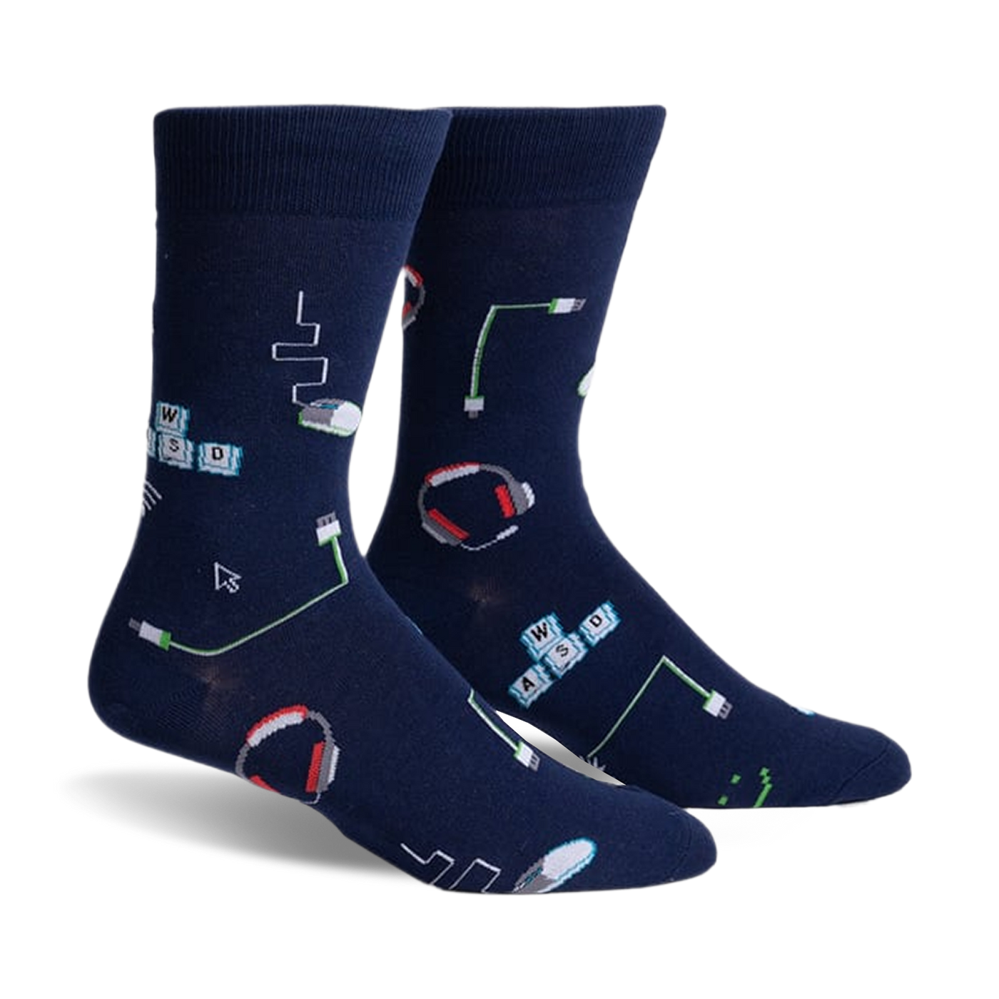 Pair of navy blue crew socks with a fun pixelated design featuring keyboards, mice, headphones, and connection cables.