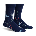 Pair of navy blue crew socks with a fun pixelated design featuring keyboards, mice, headphones, and connection cables.