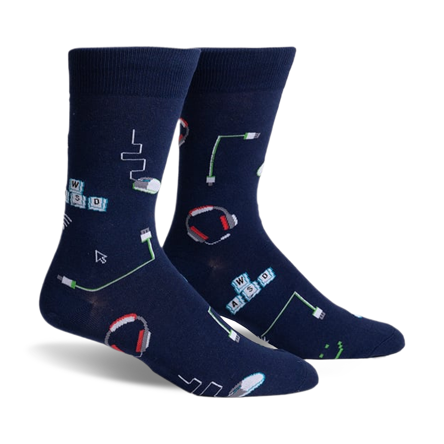 Pair of navy blue crew socks with a fun pixelated design featuring keyboards, mice, headphones, and connection cables.