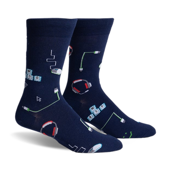 front view of a pair of blue socks with gaming themed graphics. the graphics include: computer keyboard keys, computer mouse, headset, and cords.