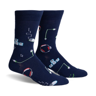 front view of a pair of blue socks with gaming themed graphics. the graphics include: computer keyboard keys, computer mouse, headset, and cords.