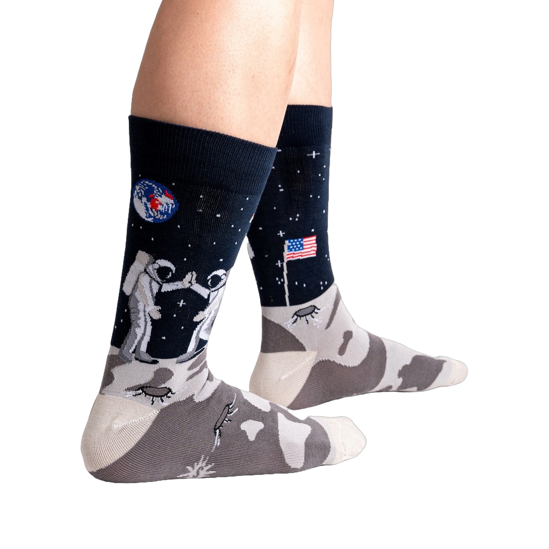 Lifestyle shot of a person's legs wearing the 'High-est 5' socks against a black background.