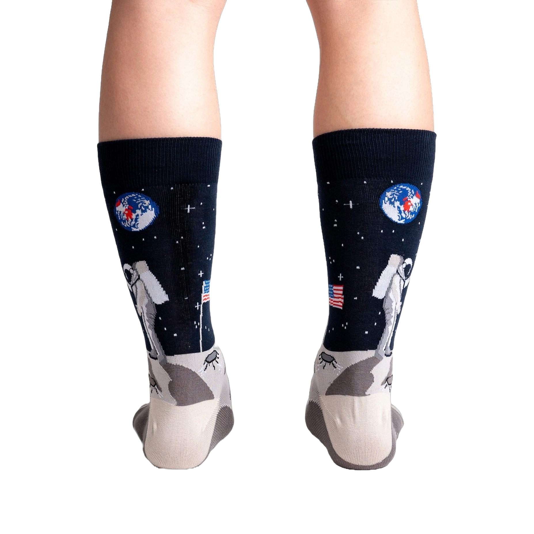 Rear view of a person wearing the 'High-est 5' socks, showcasing the full design on both socks.