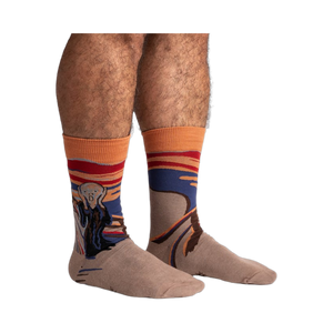 Lifestyle shot: The Sasquatch Scream socks on a model's legs, showcasing the full design and fit.
