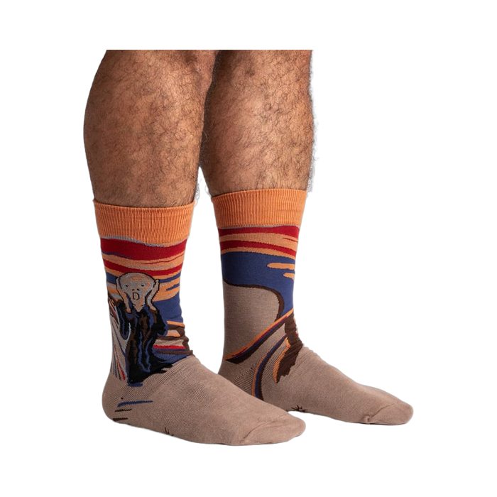 Lifestyle shot: The Sasquatch Scream socks on a model's legs, showcasing the full design and fit.
