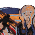 Detailed close-up of the knitted artwork on the socks, emphasizing the intricate details of The Scream.