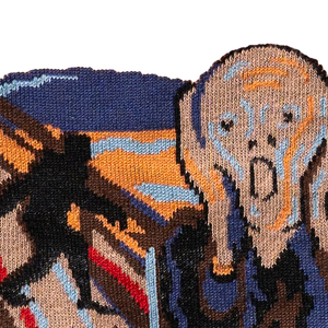 Detailed close-up of the knitted artwork on the socks, emphasizing the intricate details of The Scream.