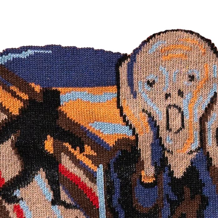 Detailed close-up of the knitted artwork on the socks, emphasizing the intricate details of The Scream.