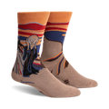 Crew socks in beige, orange, red, and blue, featuring The Scream artwork with a Sasquatch twist.  A fun and artistic design!