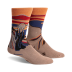 Crew socks in beige, orange, red, and blue, featuring The Scream artwork with a Sasquatch twist.  A fun and artistic design!