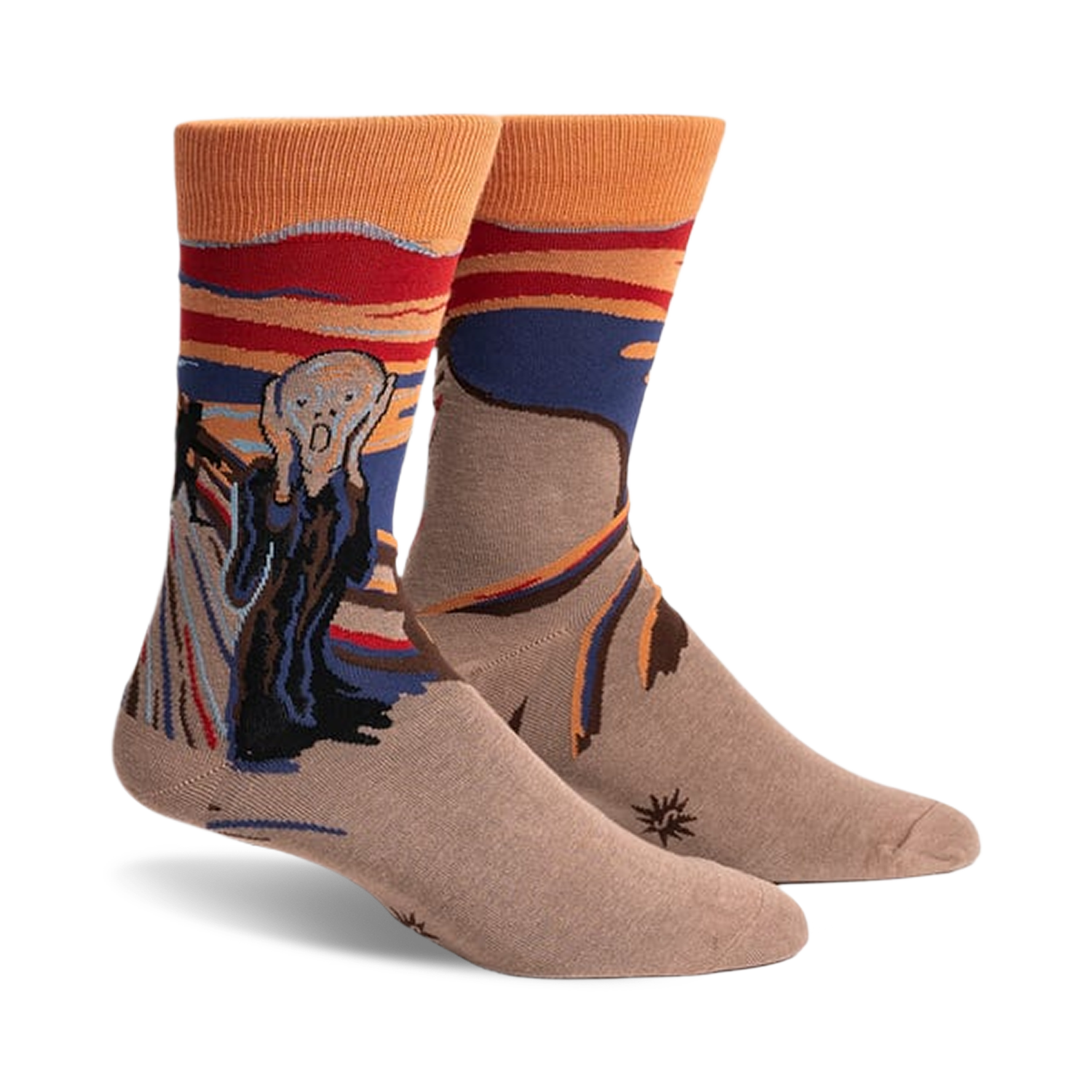 Crew socks in beige, orange, red, and blue, featuring The Scream artwork with a Sasquatch twist.  A fun and artistic design!