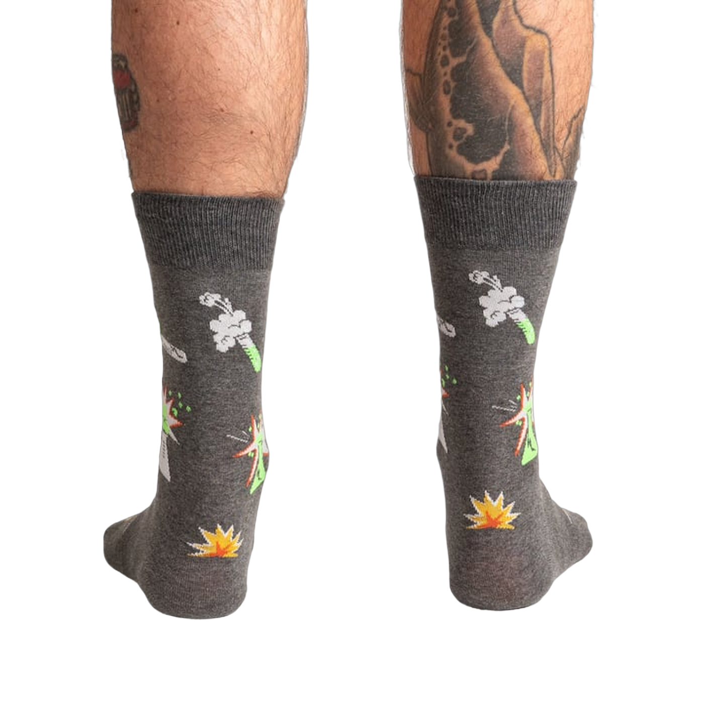 Back view of the Weird Science socks on a model, showing the full design on both socks.