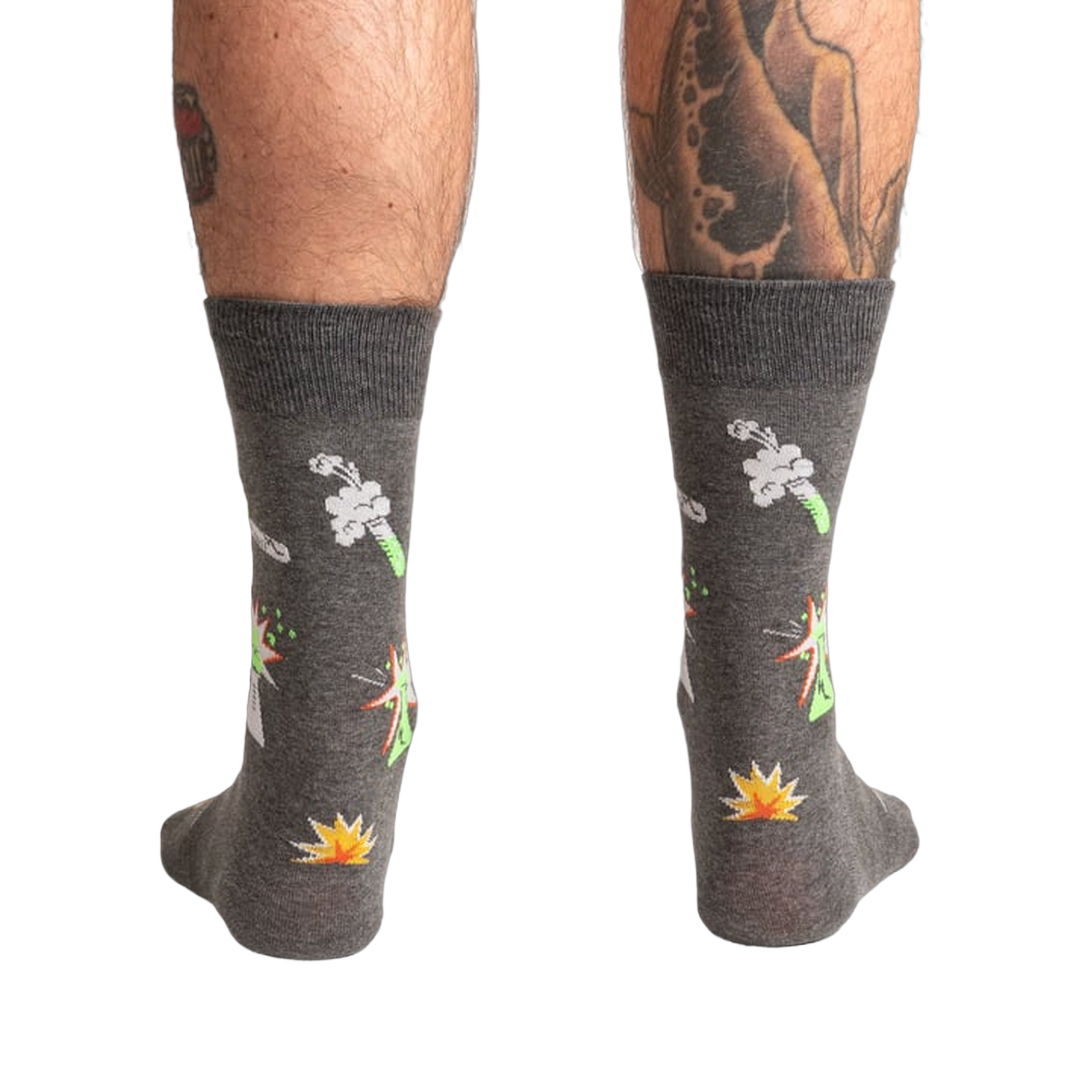 Back view of the Weird Science socks on a model, showing the full design on both socks.