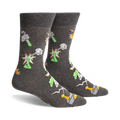 Gray crew socks with a quirky science theme.  Features exploding beakers, test tubes, and other lab equipment in neon green, orange, and white.