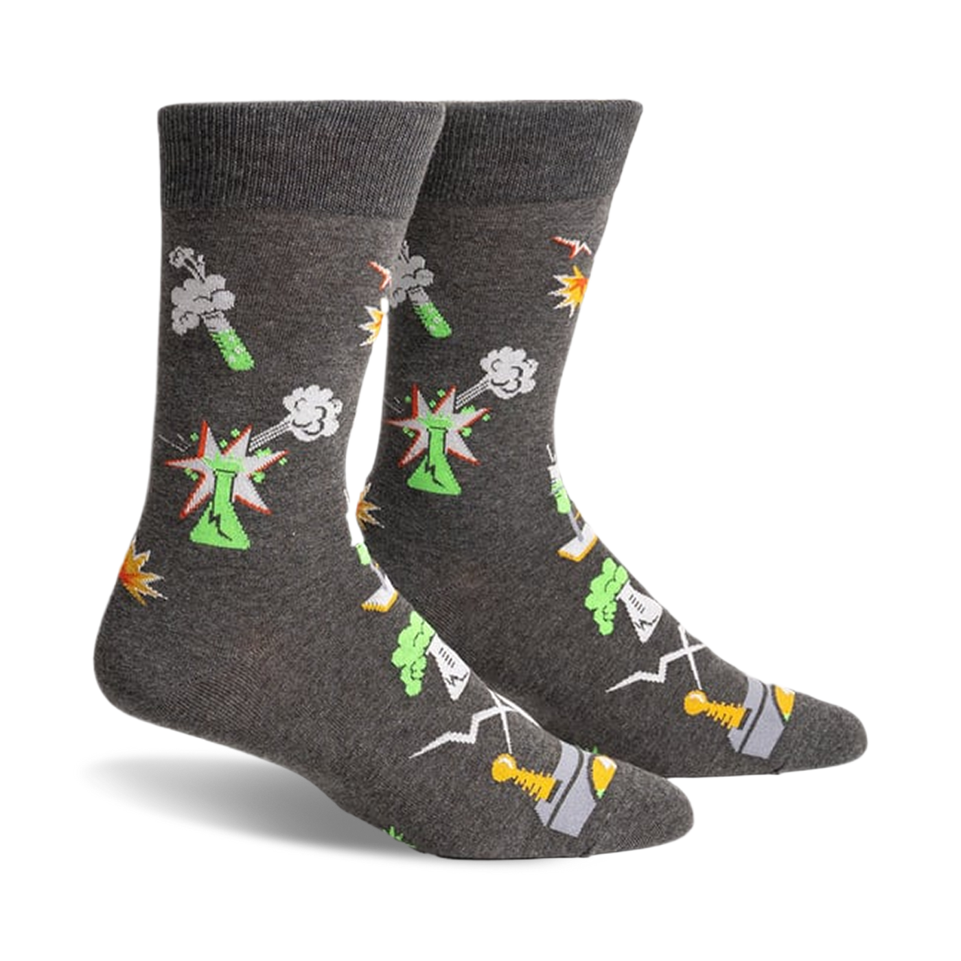 Gray crew socks with a quirky science theme.  Features exploding beakers, test tubes, and other lab equipment in neon green, orange, and white.