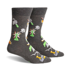 Gray crew socks with a quirky science theme.  Features exploding beakers, test tubes, and other lab equipment in neon green, orange, and white.