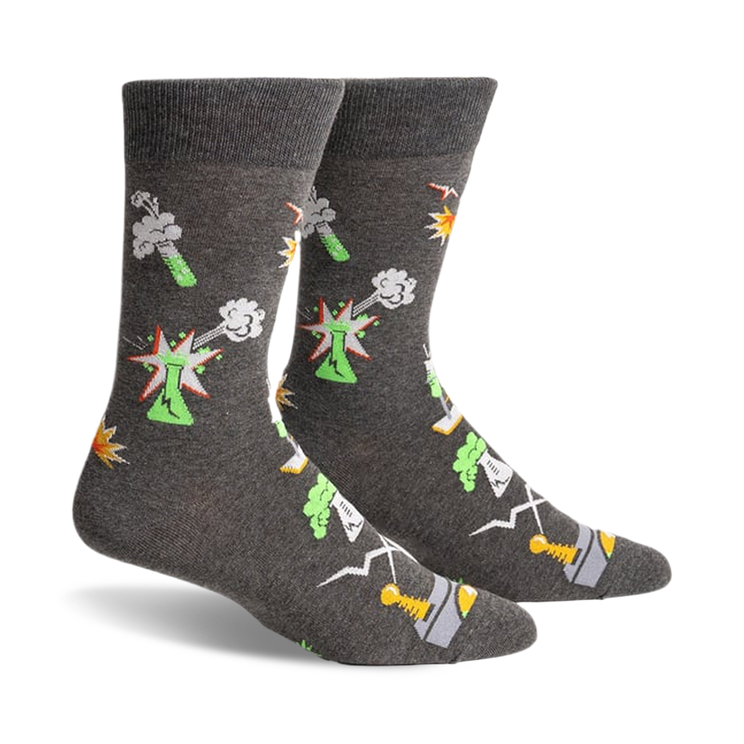 Gray crew socks with a quirky science theme.  Features exploding beakers, test tubes, and other lab equipment in neon green, orange, and white.