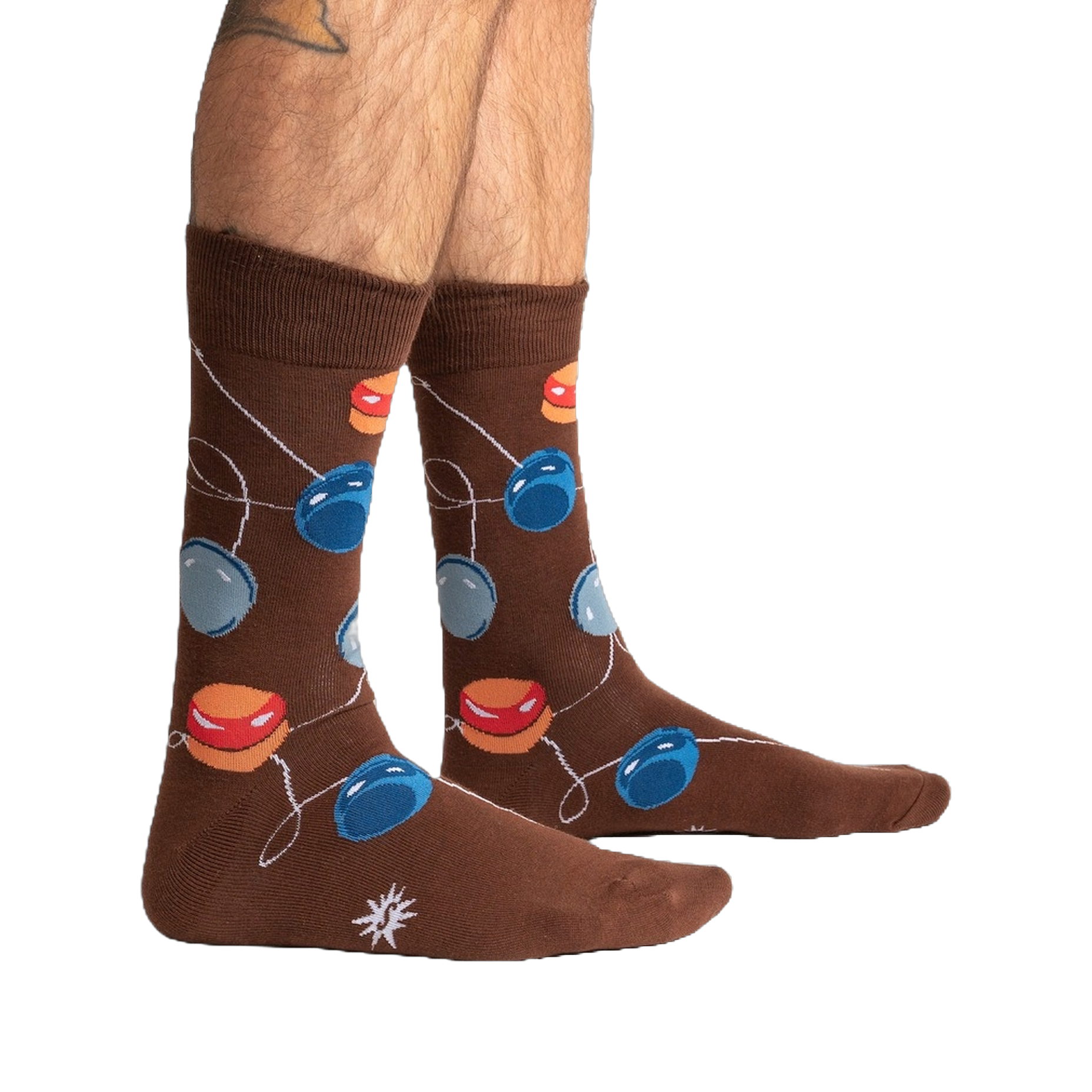 Lifestyle shot of a man's legs wearing the brown yo-yo socks.