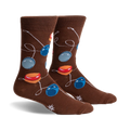 Brown crew socks with a playful design of colorful yo-yos on strings. 