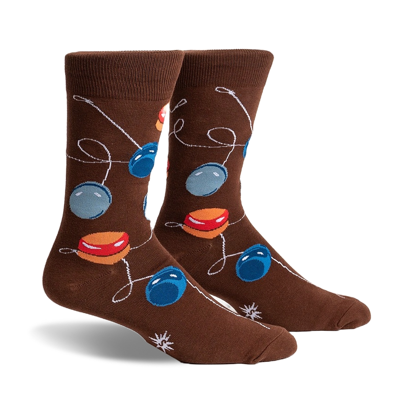 Brown crew socks with a playful design of colorful yo-yos on strings. 