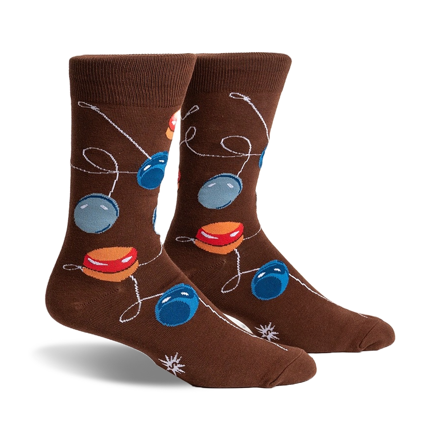 Brown crew socks with a playful design of colorful yo-yos on strings. 