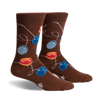 men's yo-yo themed crew socks in brown with red, blue, and yellow yo-yos connected by a white string.