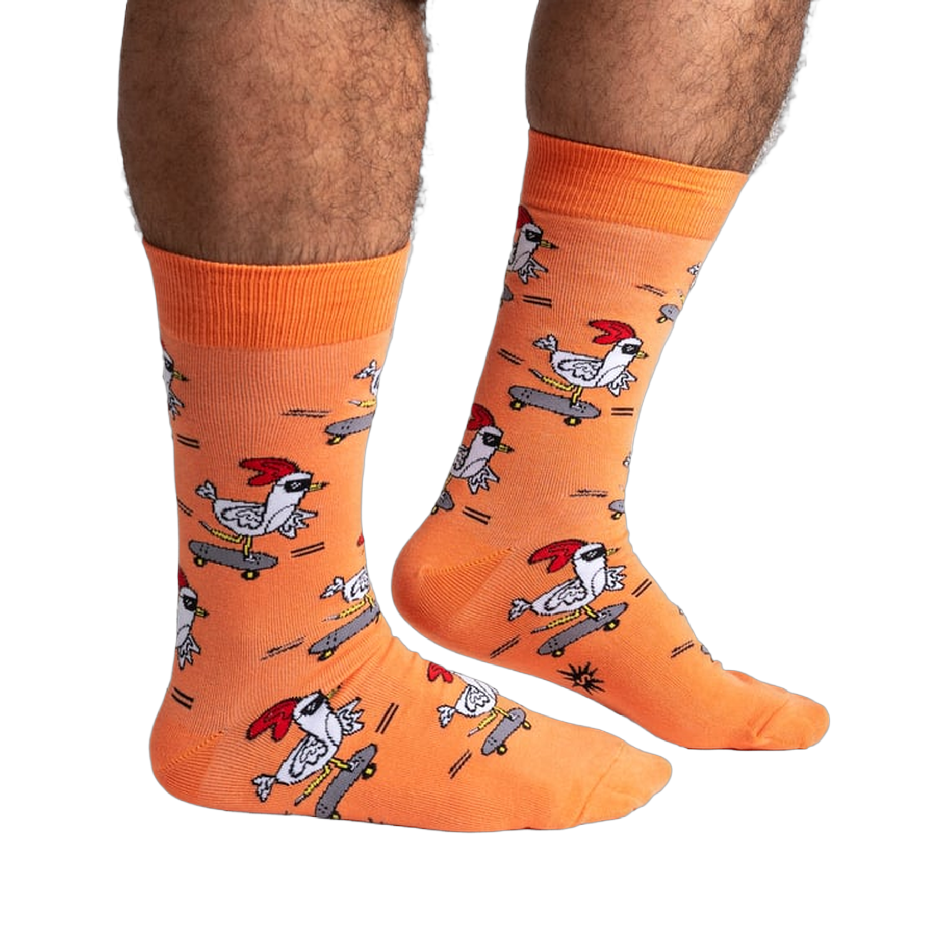 Lifestyle shot of Rad Chicken socks on a person's legs, showing the socks' length and fit.