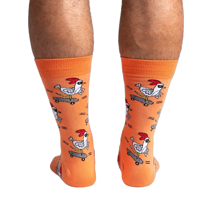 Rear view of the Rad Chicken socks, highlighting the design's full coverage.