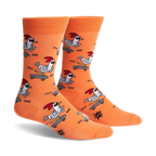 Pair of orange crew socks featuring a repeating pattern of chickens skateboarding.  The chickens wear shades and red combs.