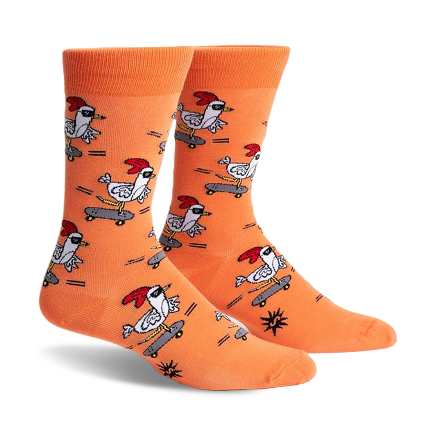 Pair of orange crew socks featuring a repeating pattern of chickens skateboarding.  The chickens wear shades and red combs.