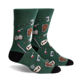 Pair of crew socks in deep green with a fun fantasy design.  Features shields, swords, potions, and books.