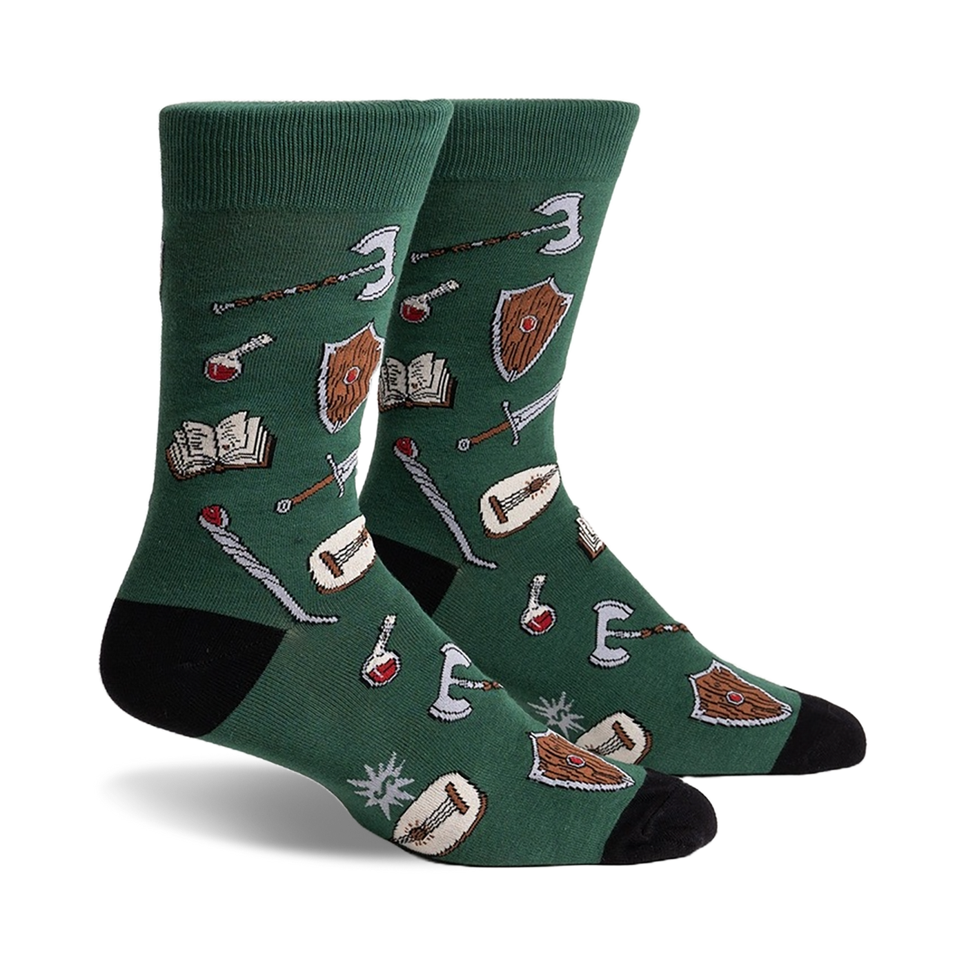 Pair of crew socks in deep green with a fun fantasy design.  Features shields, swords, potions, and books.